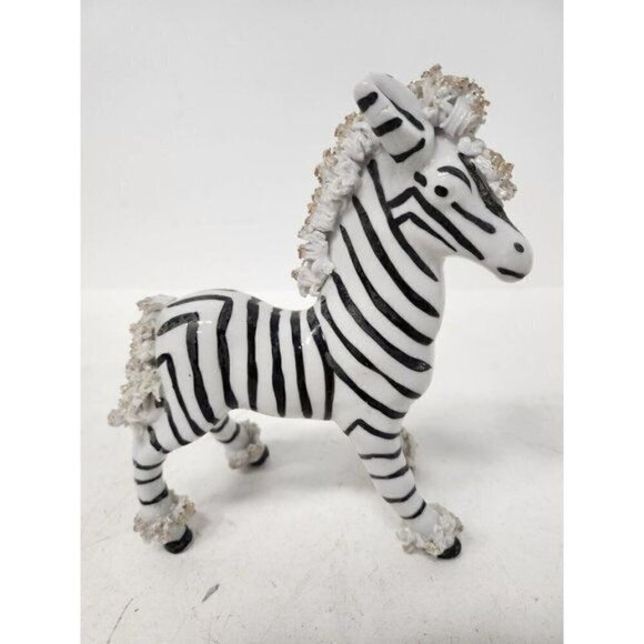 Vintage 1940 White Black Stripe Zebra Figurine Standing Ceramic Glittery Main